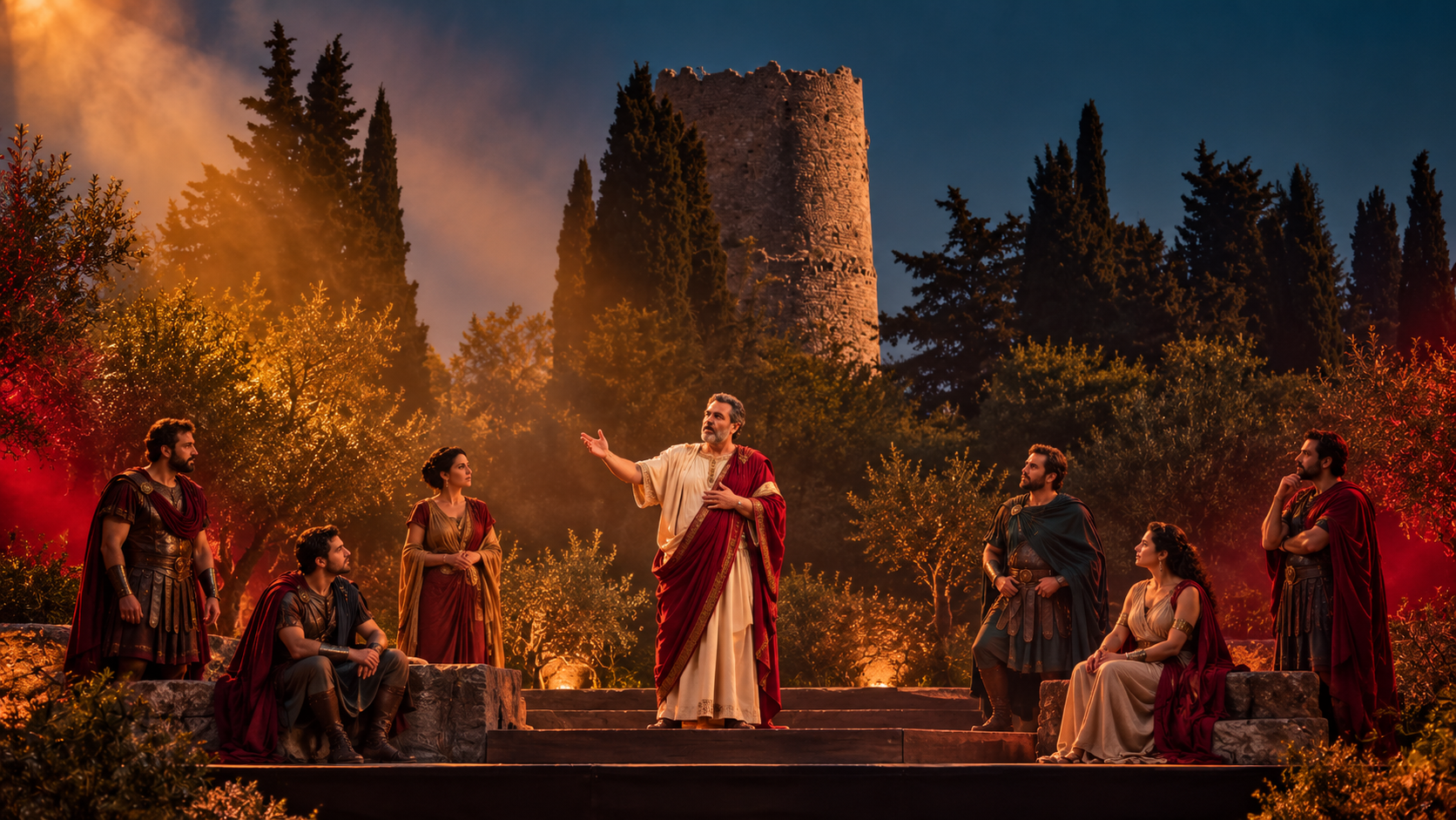 Concept scenico: Cicerone e un ensemble in costumi romani, tra luci ambra e rosse davanti al mausoleo