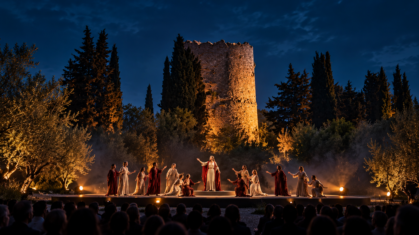 Concept scenico: apertura corale notturna su un palco davanti alla Tomba di Cicerone, illuminata in oro