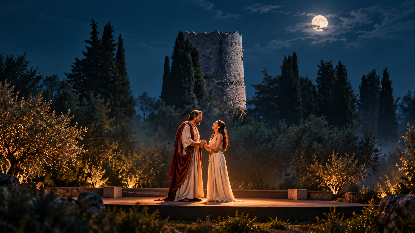 Concept scenico: il duetto intimo tra Cicerone e sua figlia adulta Tullia, in una luce lunare davanti al mausoleo